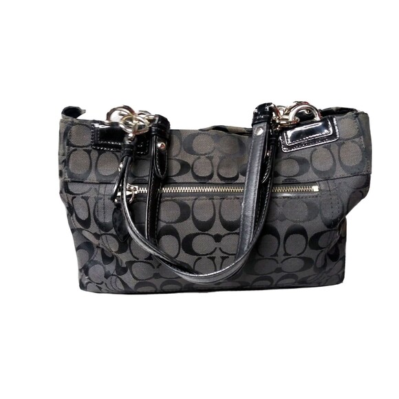 COACH F16580 Black Logo Canvas & Leather Handbag Python Embossed Accent - Picture 5 of 8